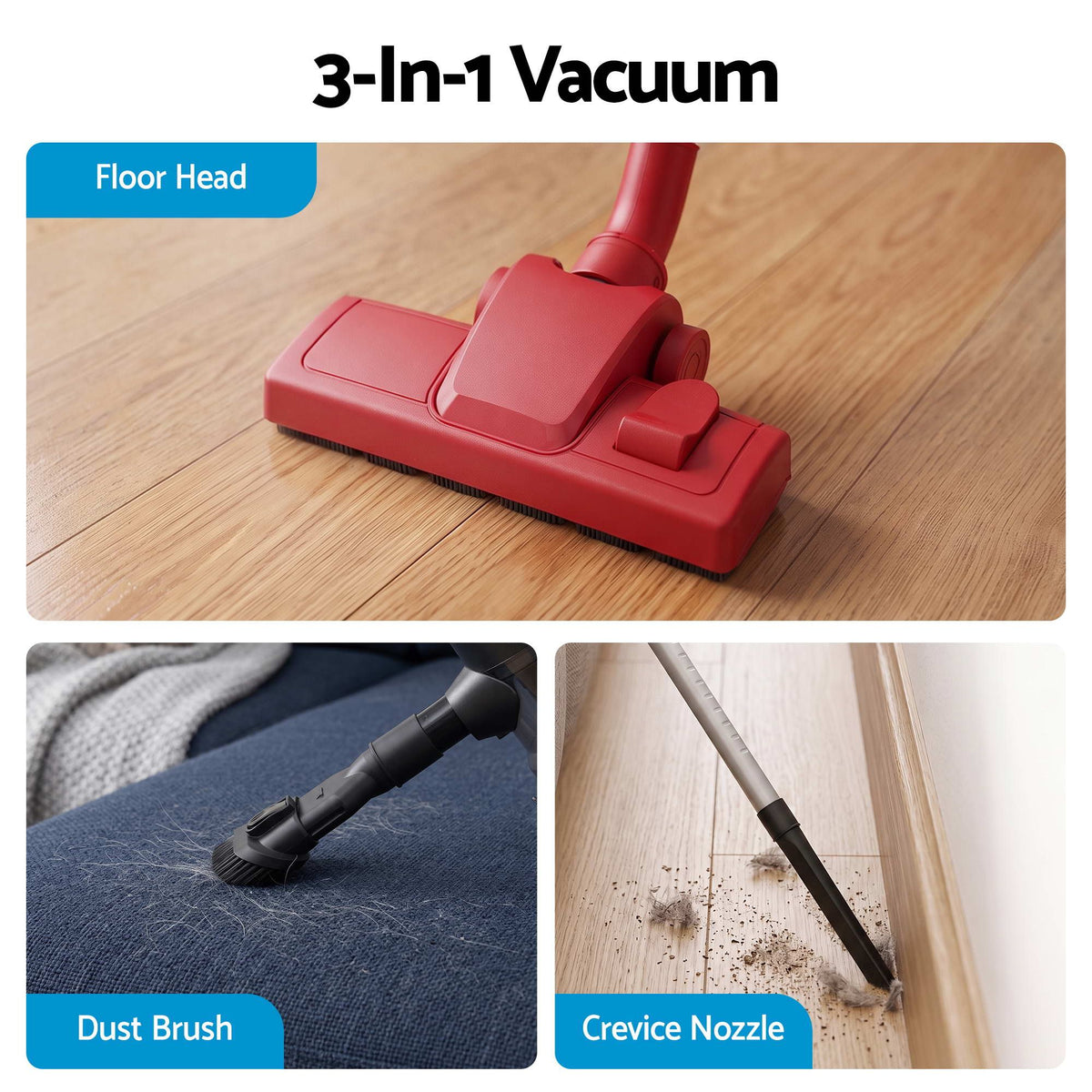 Devanti 3-in-1 Corded Stick Vacuum Cleaner, 16000Pa Strong Suction Red