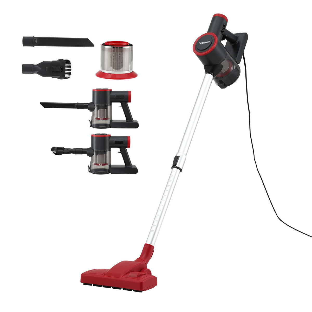 Devanti 3-in-1 Corded Stick Vacuum Cleaner, 16000Pa Strong Suction Red