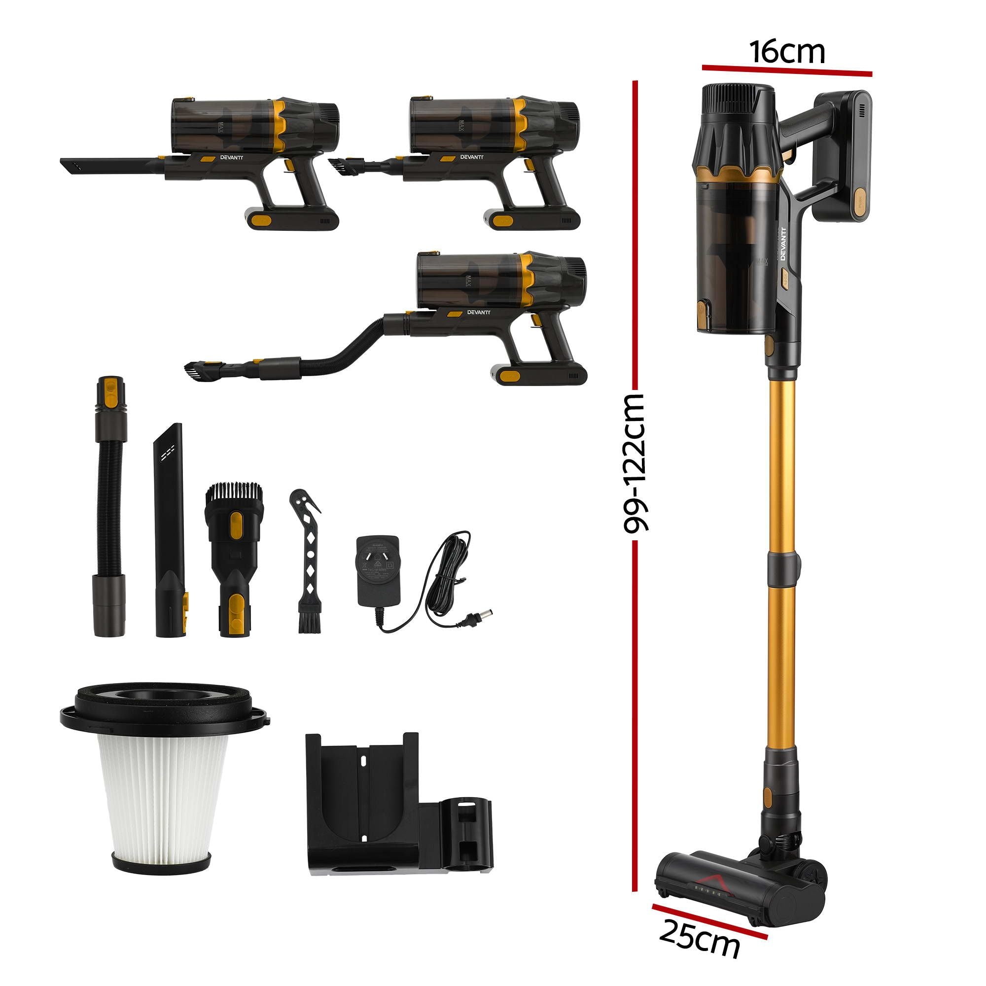 DEVANTI 30000Pa Cordless Stick Vacuum Cleaner 4-in-1 Handheld Gold