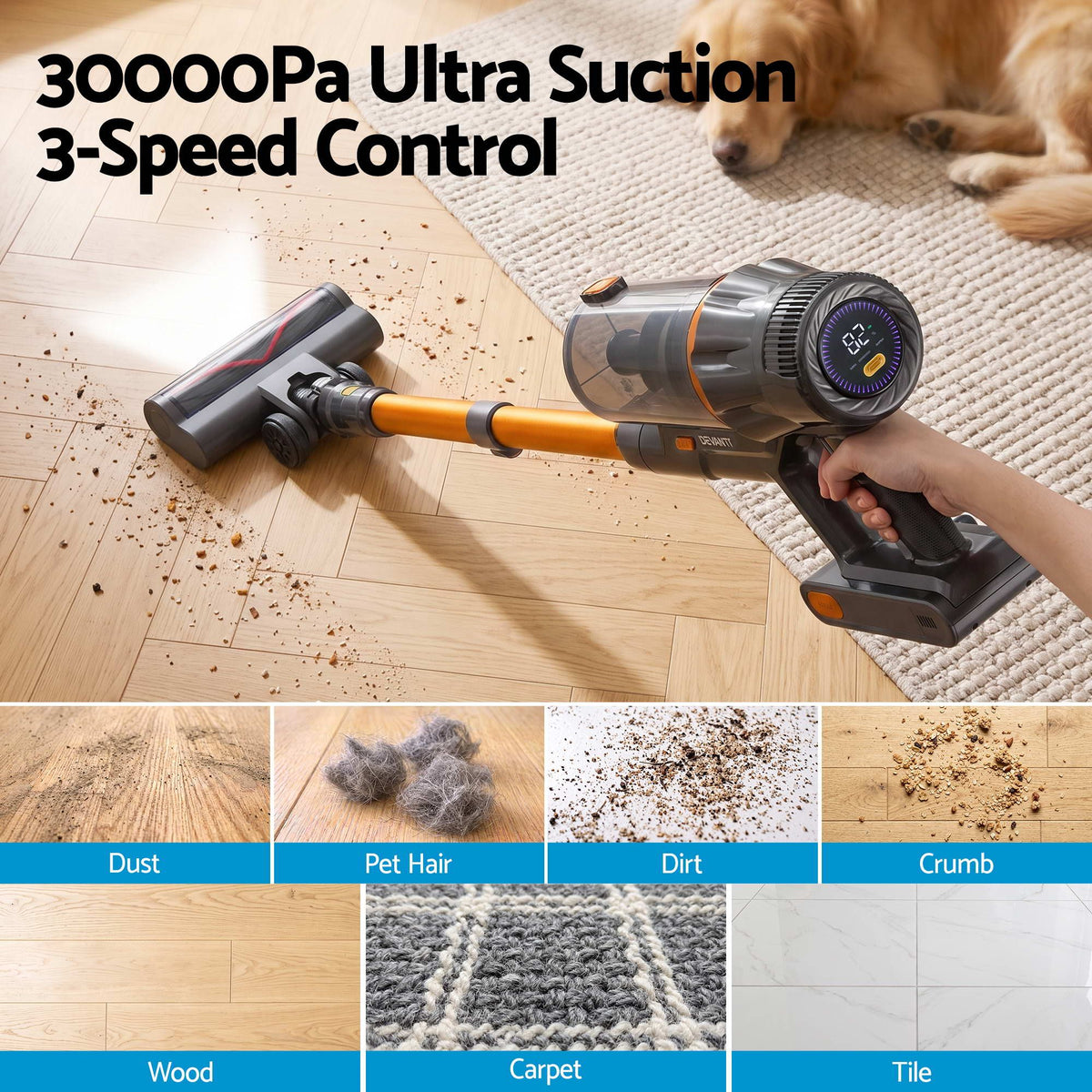 DEVANTI 30000Pa Cordless Stick Vacuum Cleaner 4-in-1 Handheld Gold