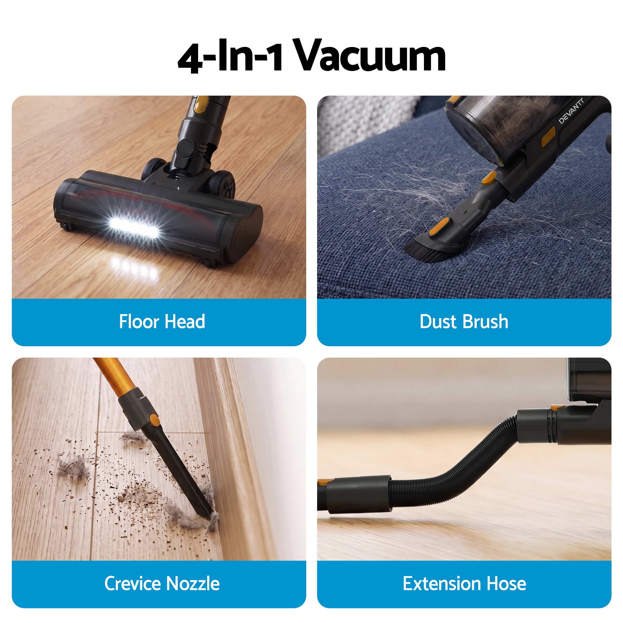 DEVANTI 30000Pa Cordless Stick Vacuum Cleaner 4-in-1 Handheld Gold