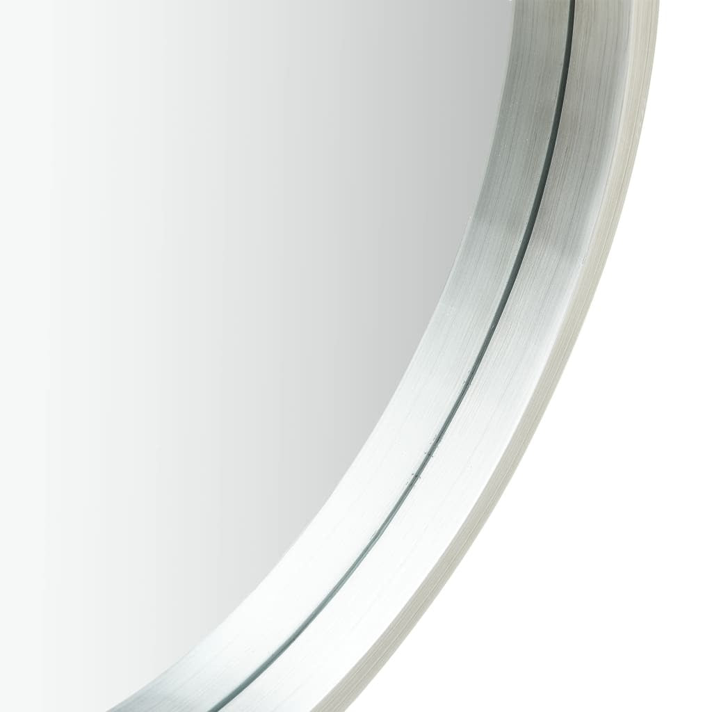 Wall Mirror Round Wood Frame Faux Leather Strap 60cm Retro Hanging Silver