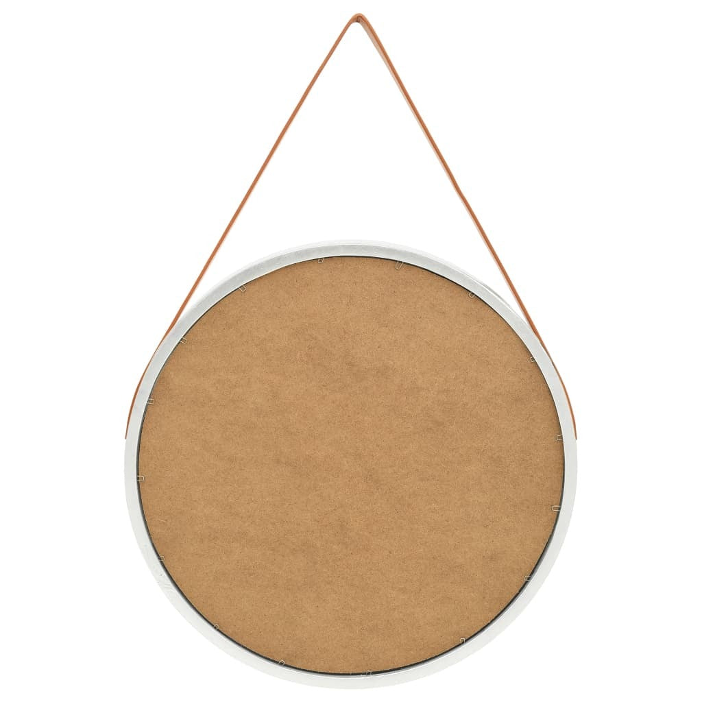 Wall Mirror Round Wood Frame Faux Leather Strap 60cm Retro Hanging Silver
