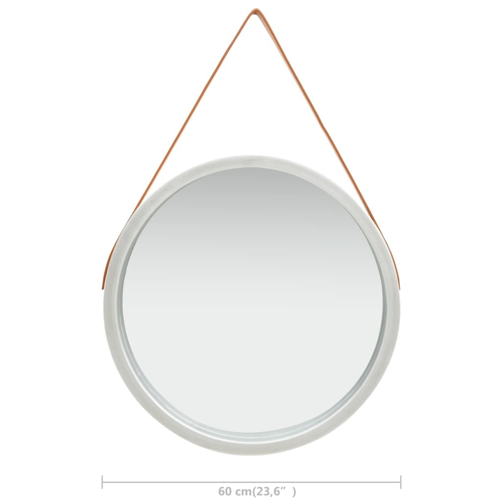 Wall Mirror Round Wood Frame Faux Leather Strap 60cm Retro Hanging Silver