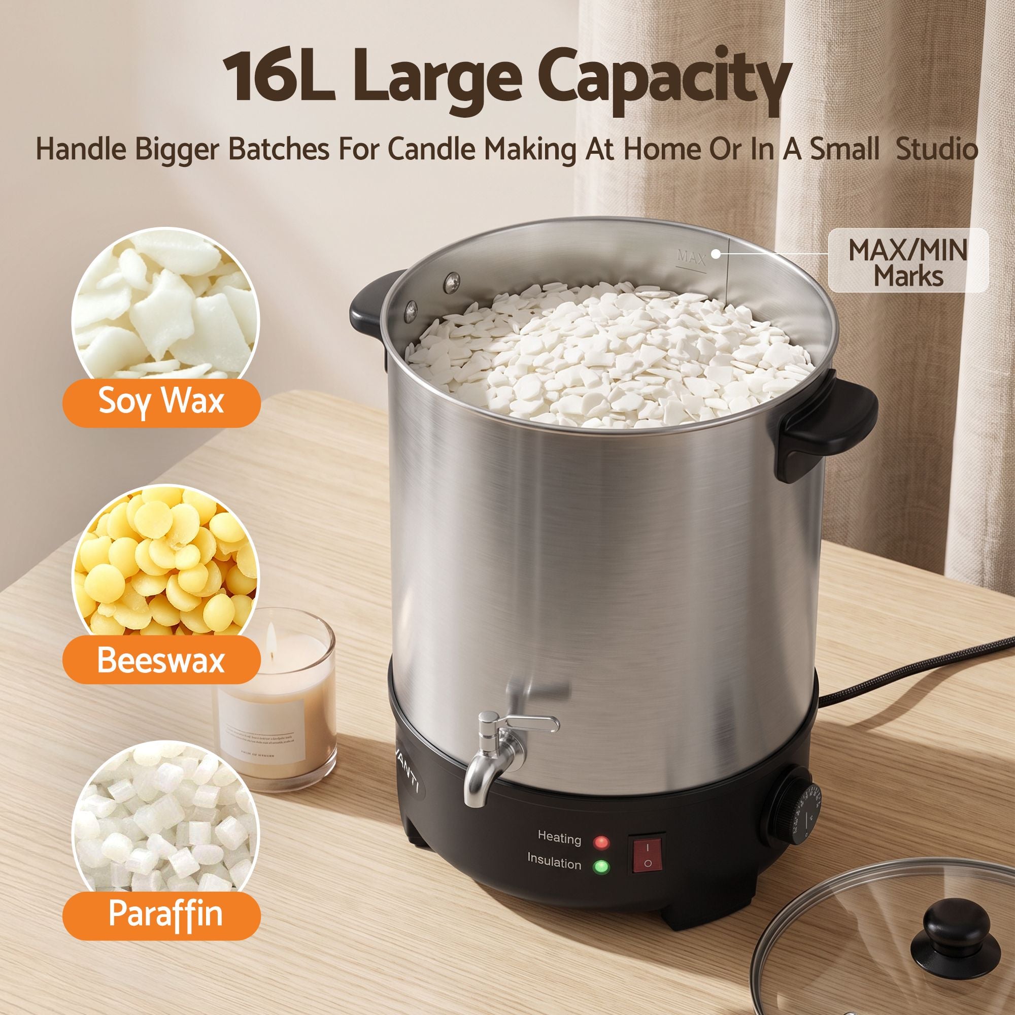 Devanti 16L Wax Melter Candle Making 1500W Melting Pot Furnace Pour Spout Soap