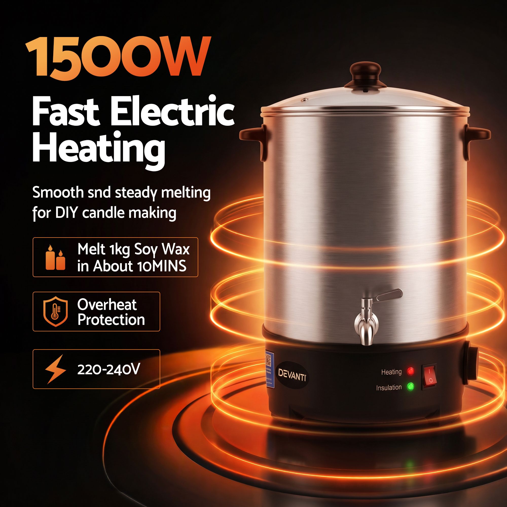 Devanti 16L Wax Melter Candle Making 1500W Melting Pot Furnace Pour Spout Soap