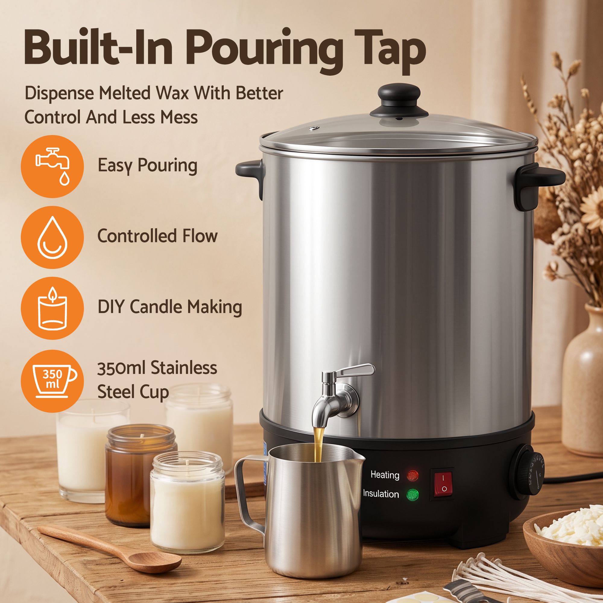 Devanti 16L Wax Melter Candle Making 1500W Melting Pot Furnace Pour Spout Soap