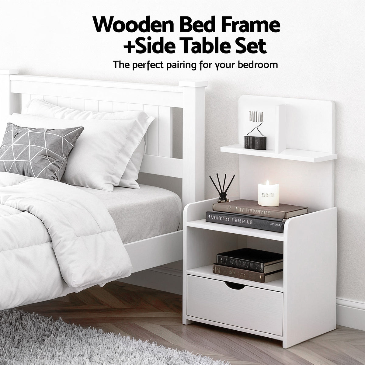 Artiss King Single Bed Frame and Bedside Table White