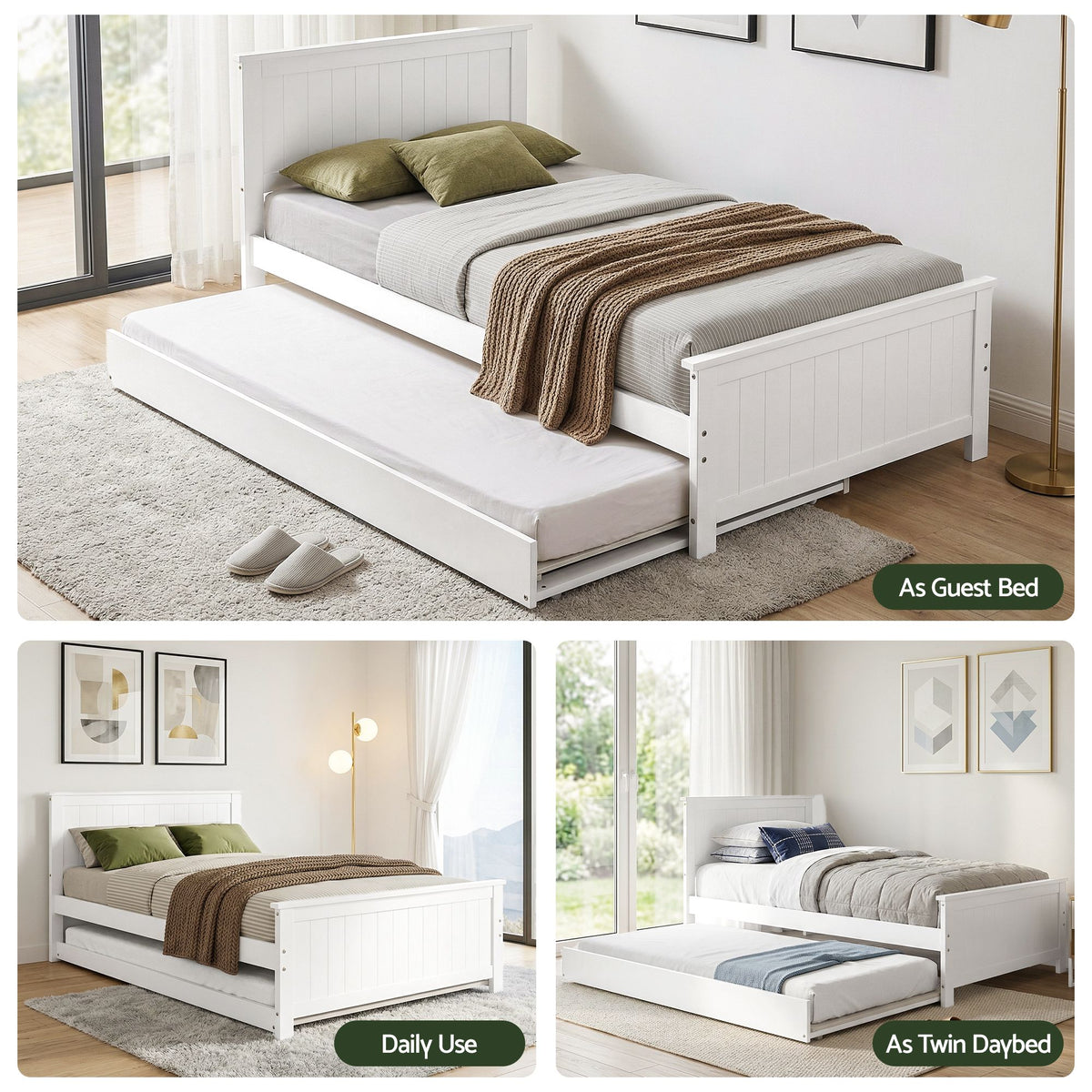 Artiss Single Bed Frame with Trundle Solid Wood Toddler Bunk Bed with Headboard White