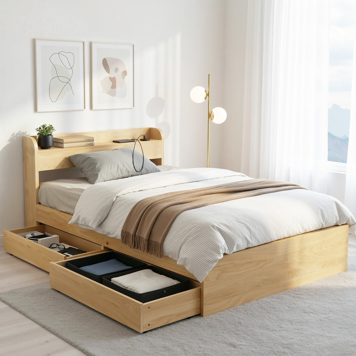 Artiss King Single Bed Frame with 2 Drawers Platform Bed and Headboard Natural