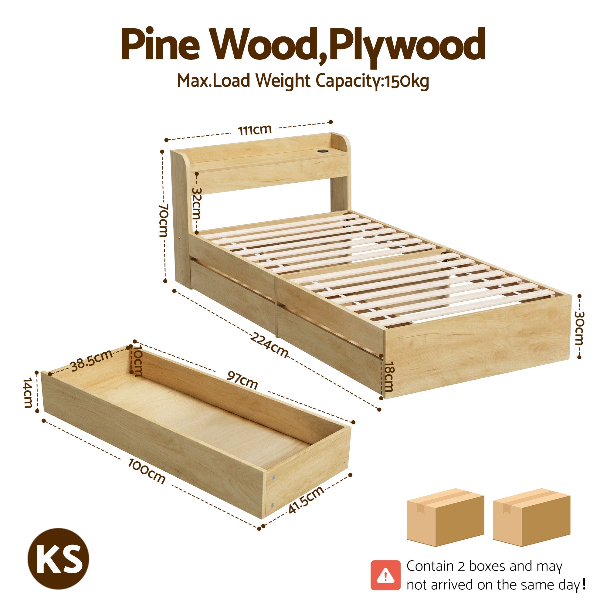 Artiss King Single Bed Frame with 2 Drawers Platform Bed and Headboard Natural