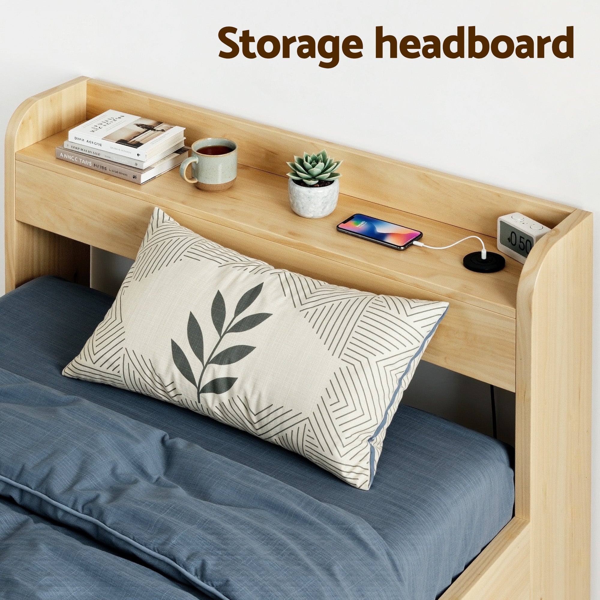 Artiss King Single Bed Frame with 2 Drawers Platform Bed and Headboard Natural