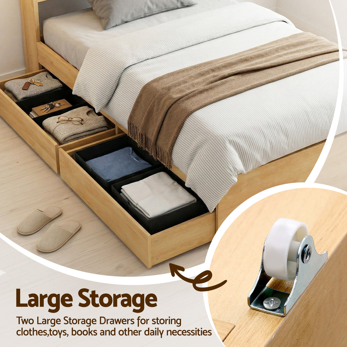 Artiss King Single Bed Frame with 2 Drawers Platform Bed and Headboard Natural