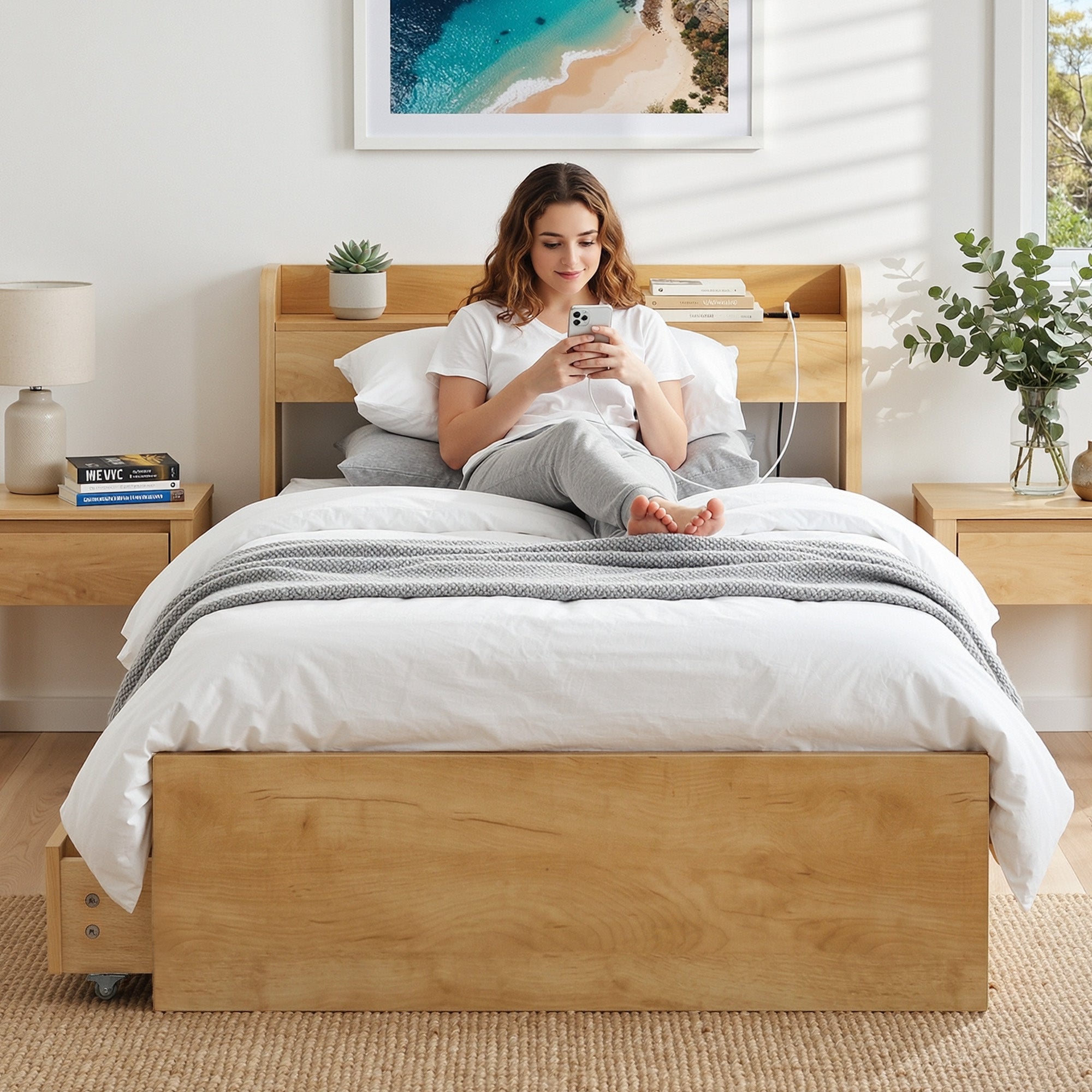 Artiss King Single Bed Frame with 2 Drawers Platform Bed and Headboard Natural