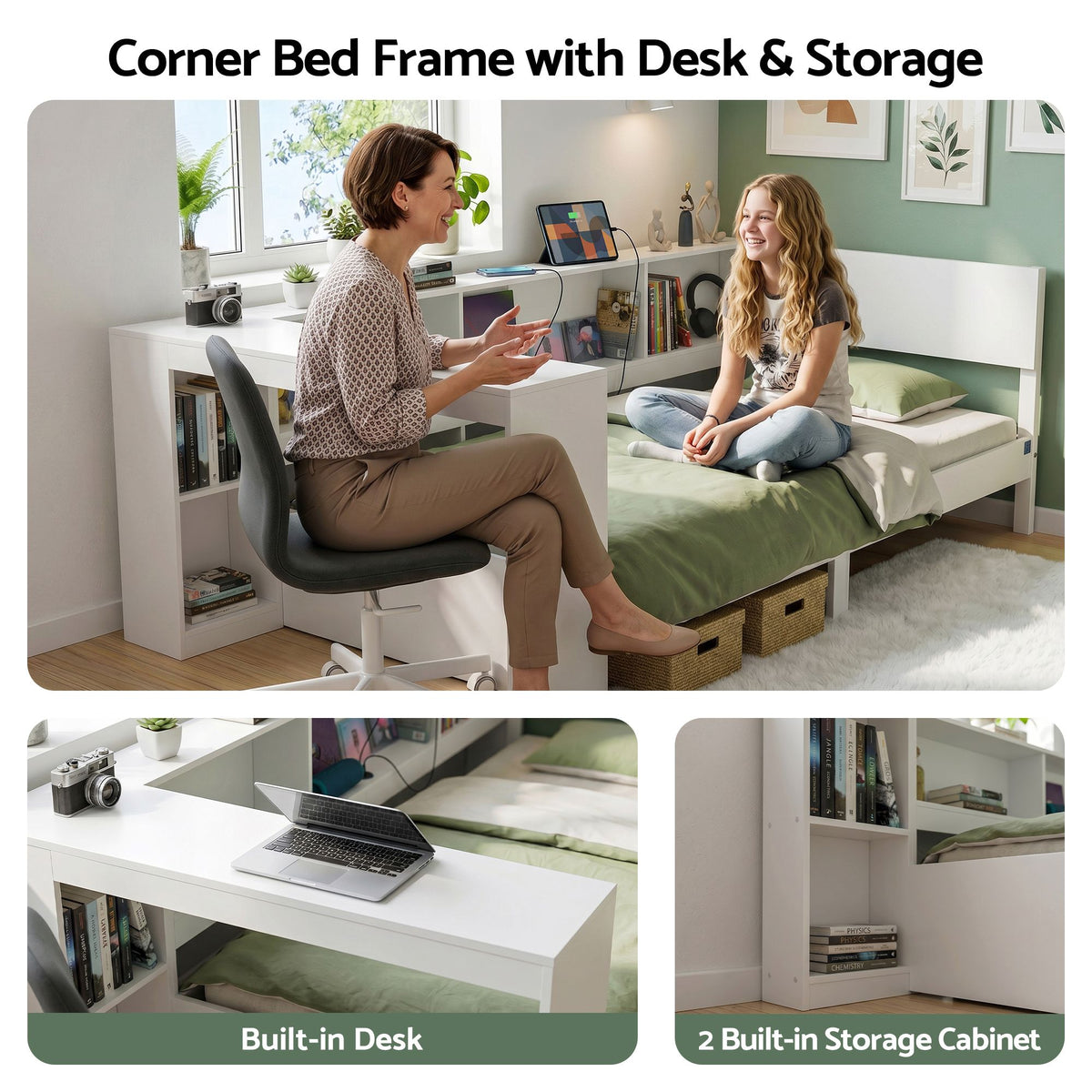 Artiss White Single Solid Wood Corner Platform Bed Frame with Built-in Desk, Storage Shelves and USB-C Charging Station for Small Spaces, Wooden Bed Base for Guest Room