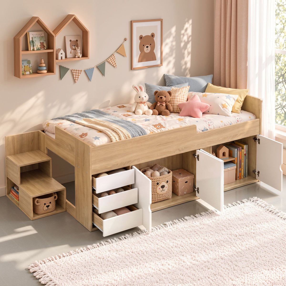 Artiss King Single Bed Frame with Storage 3 Drawers 2 Cabinets Two-Step Access