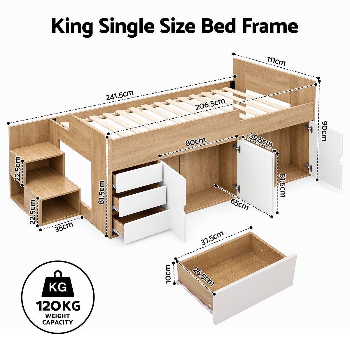 Artiss King Single Bed Frame with Storage 3 Drawers 2 Cabinets Two-Step Access