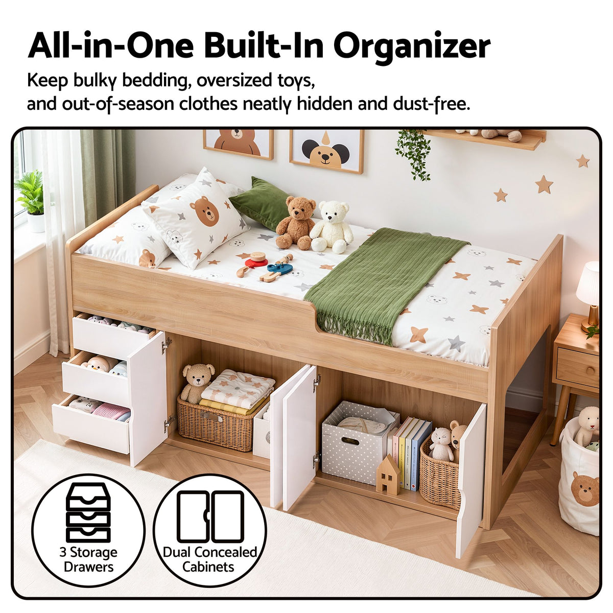 Artiss King Single Bed Frame with Storage 3 Drawers 2 Cabinets Two-Step Access