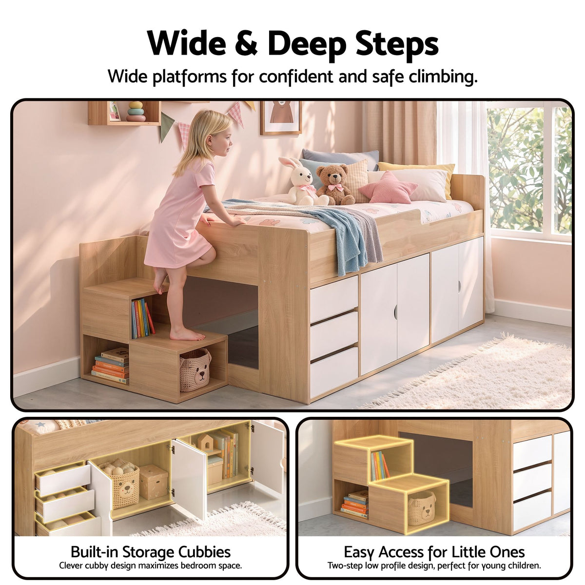 Artiss King Single Bed Frame with Storage 3 Drawers 2 Cabinets Two-Step Access
