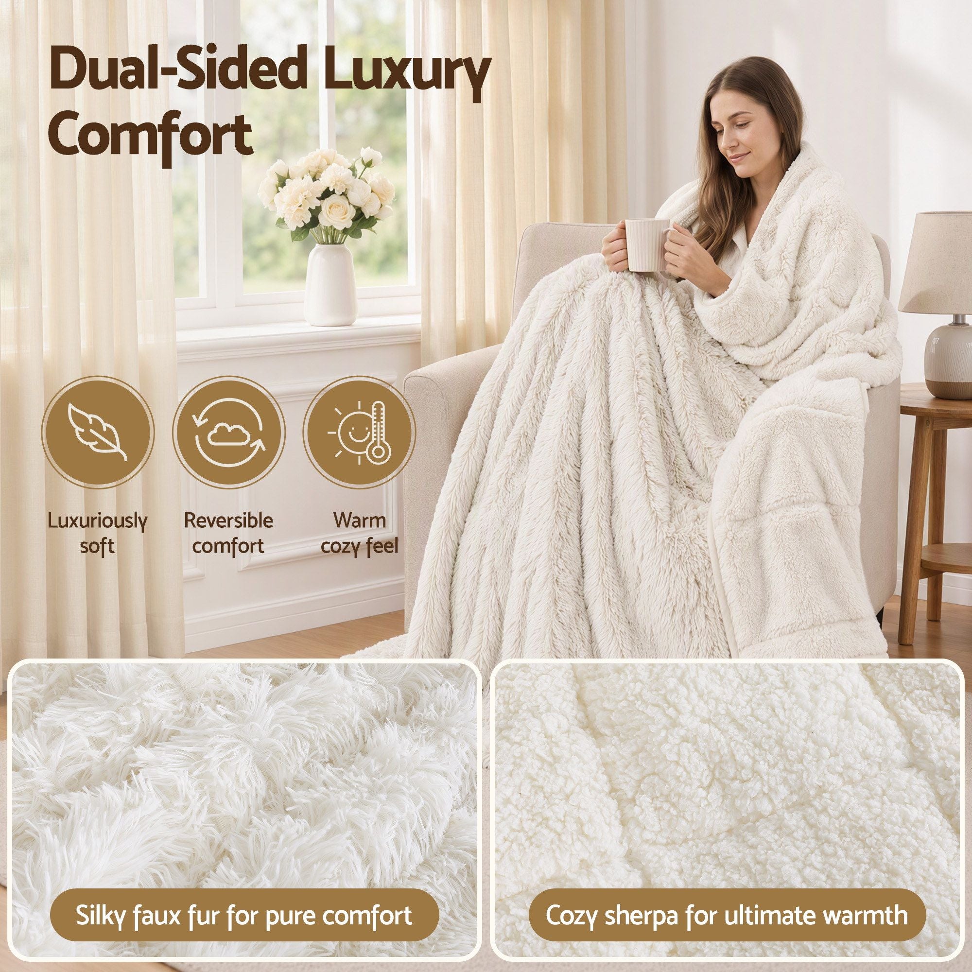 Giselle Faux Fur Weighted Blanket 2 Sided Long Pile Sherpa Reverse Cream 9KG 152 x 203cm