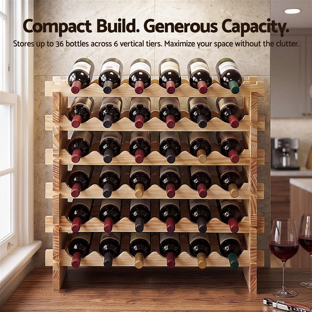 Artiss 36 Bottle Wooden Wine Rack 6 Tier Storage Stand Freestanding Natural Pine