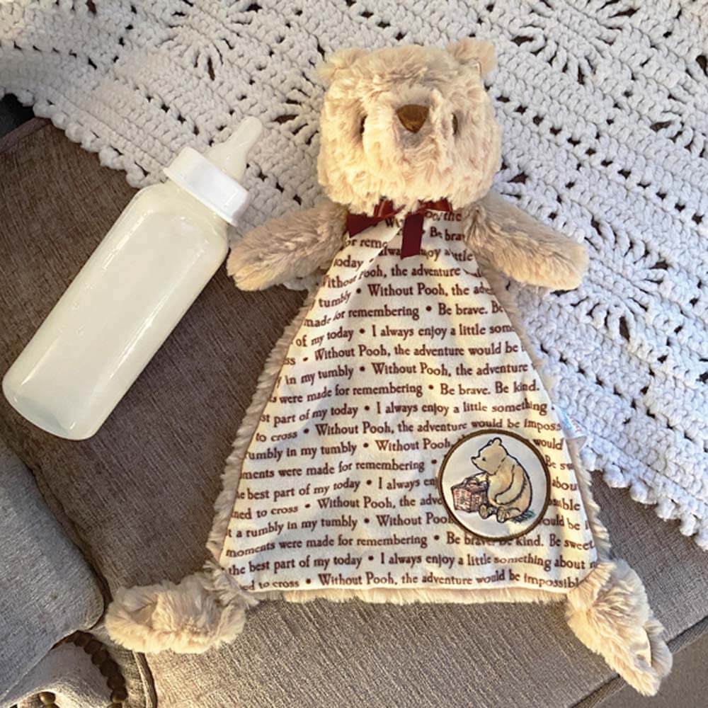 Winnie the Pooh Classic Comfort Blanket Soft Plush Story Print Satin Patch