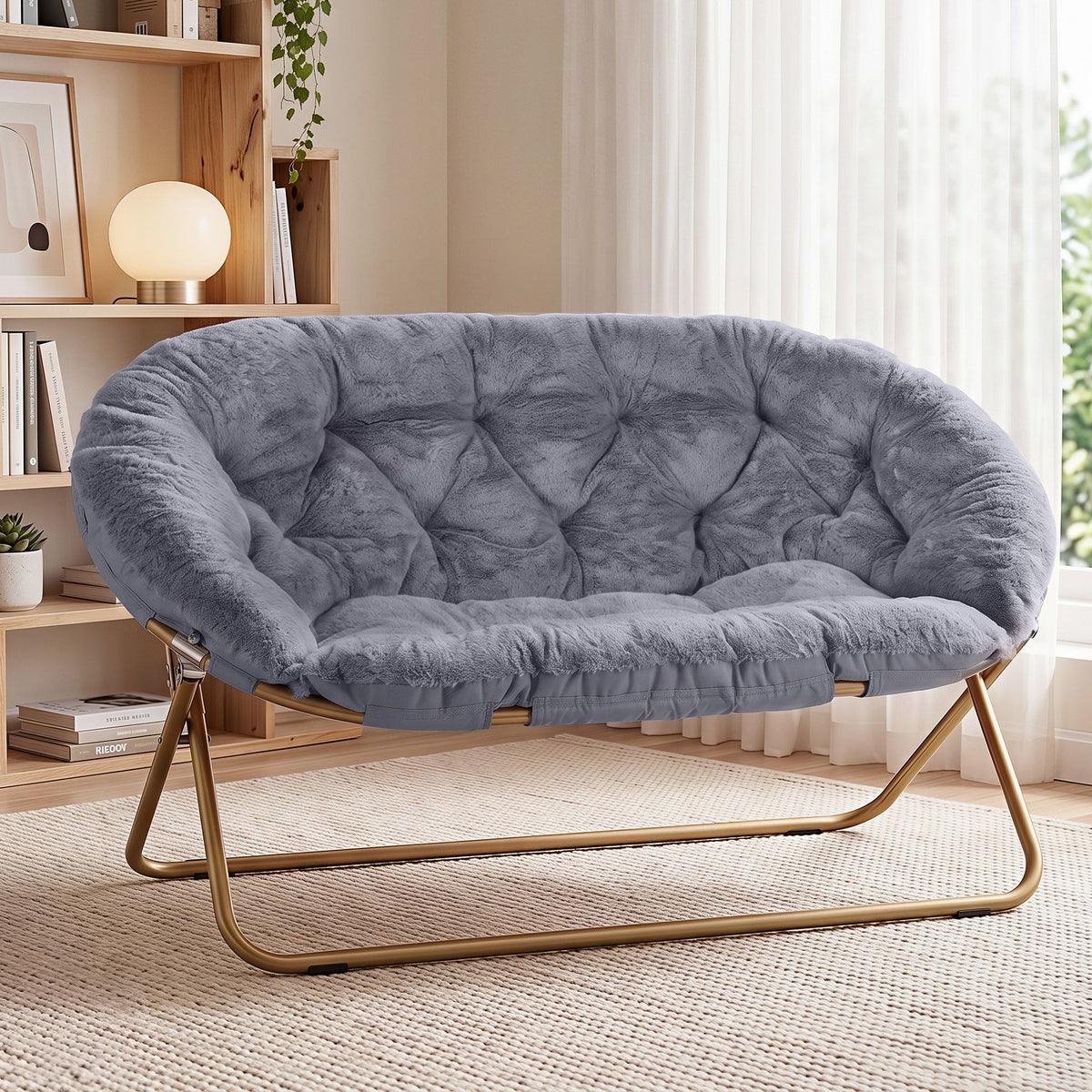 Artiss Double Saucer Chair Faux Fur Oversized Foldable Lounge Chair Grey