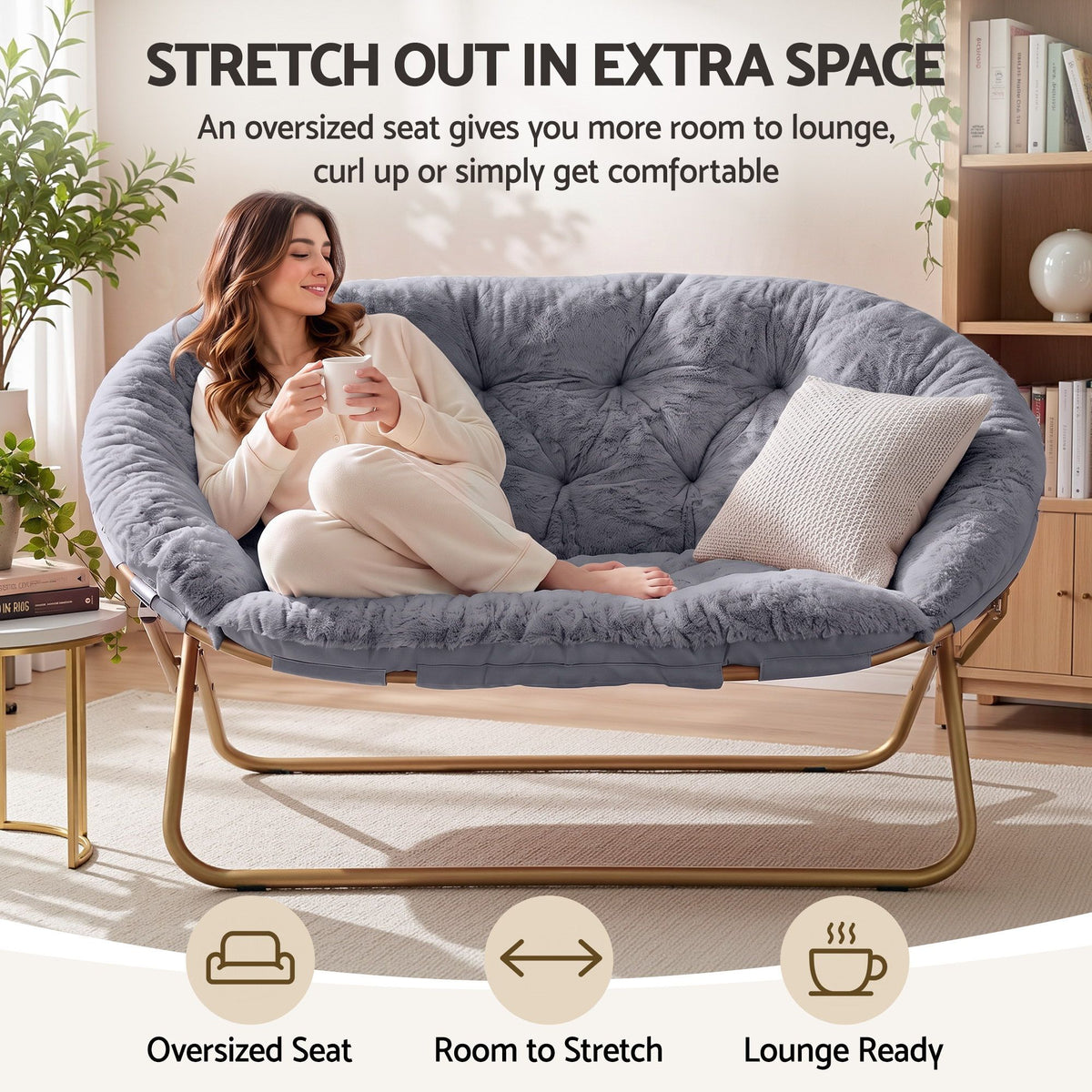 Artiss Double Saucer Chair Faux Fur Oversized Foldable Lounge Chair Grey