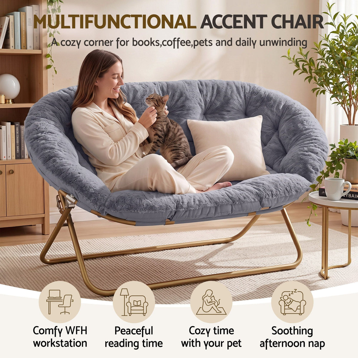Artiss Double Saucer Chair Faux Fur Oversized Foldable Lounge Chair Grey
