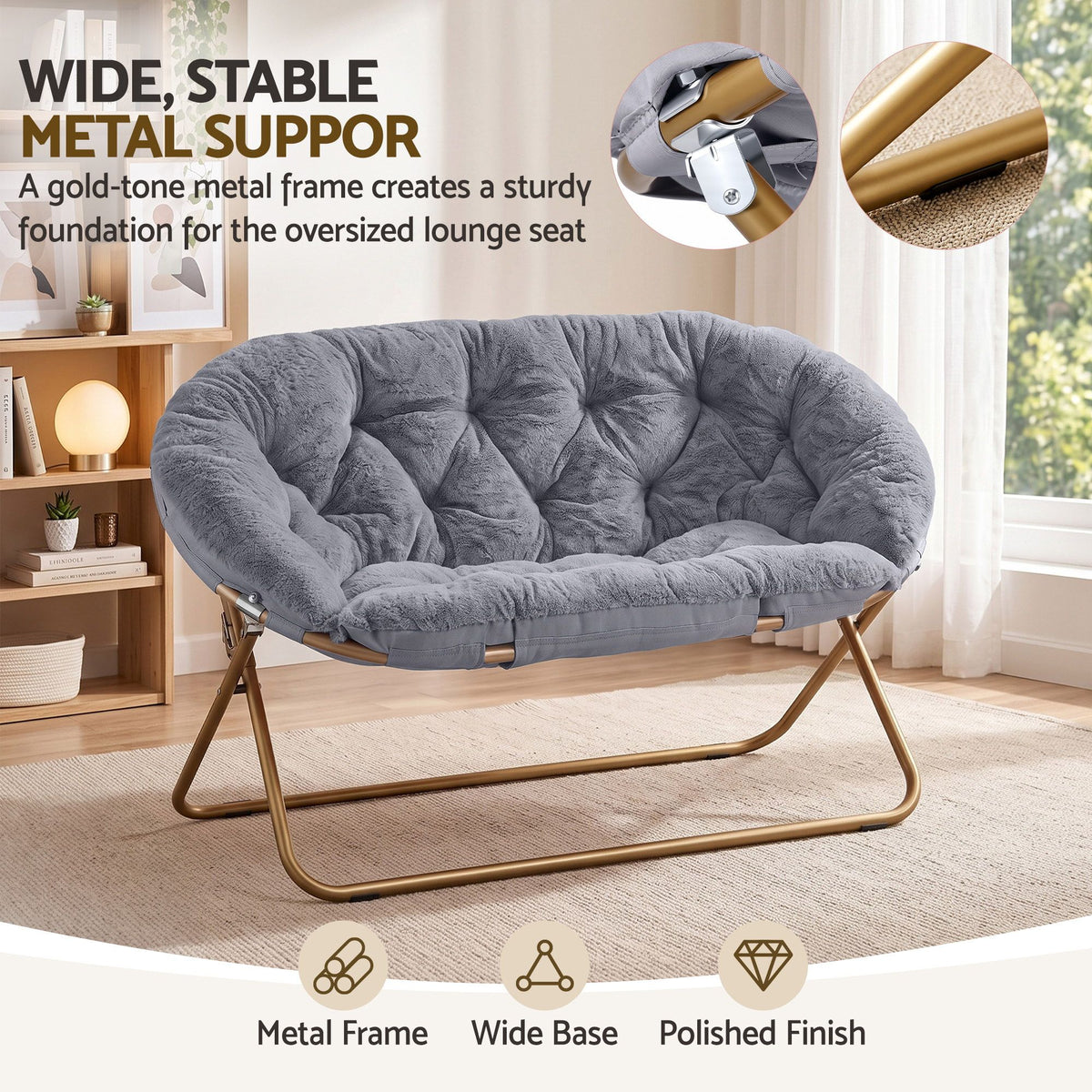 Artiss Double Saucer Chair Faux Fur Oversized Foldable Lounge Chair Grey