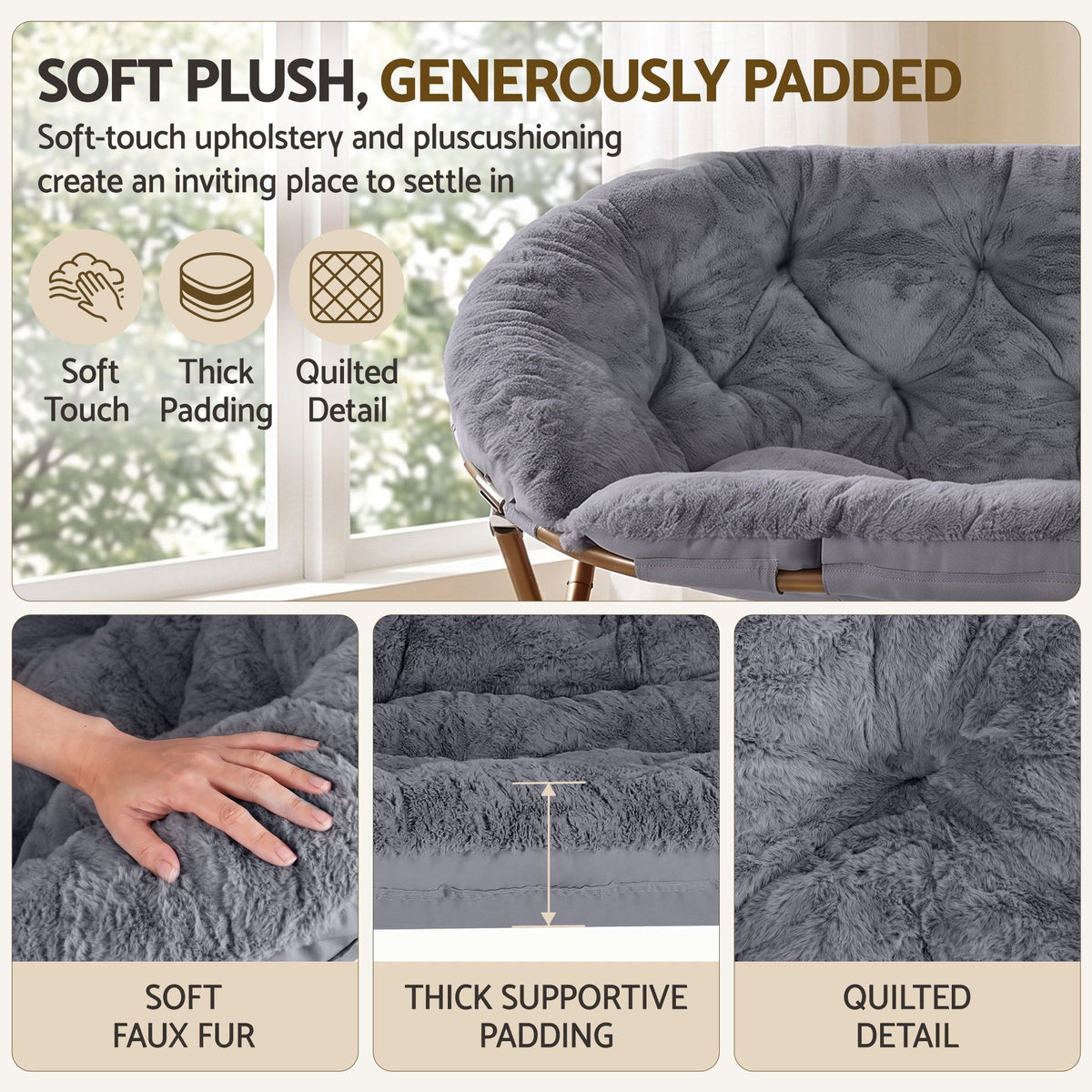 Artiss Double Saucer Chair Faux Fur Oversized Foldable Lounge Chair Grey