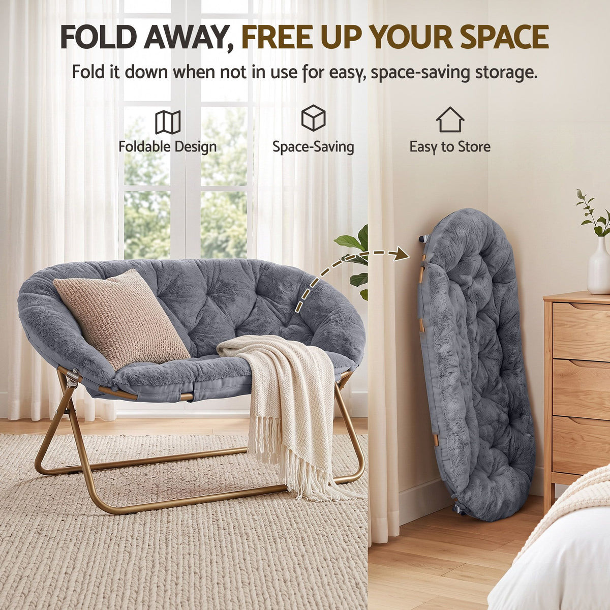 Artiss Double Saucer Chair Faux Fur Oversized Foldable Lounge Chair Grey