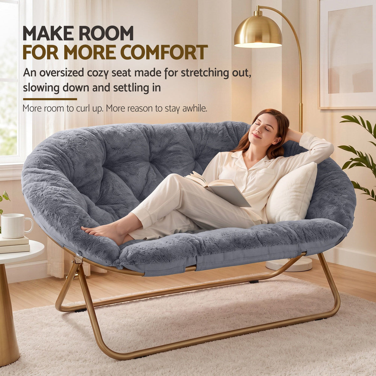 Artiss Double Saucer Chair Faux Fur Oversized Foldable Lounge Chair Grey
