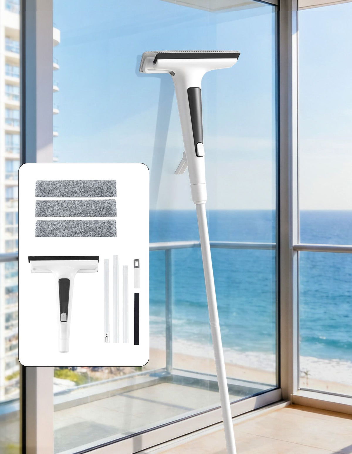 Giantz Window Cleaner Mirror Car, Spray Scrub Squeegee 136cm Extendable Long Handle with Water Tank 3 Microfiber Pads, White
