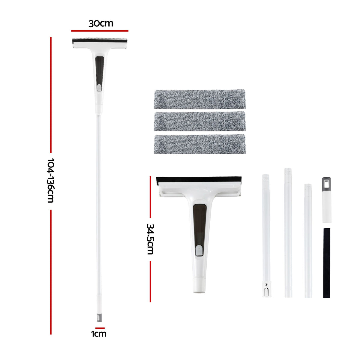 Giantz Window Cleaner Mirror Car, Spray Scrub Squeegee 136cm Extendable Long Handle with Water Tank 3 Microfiber Pads, White