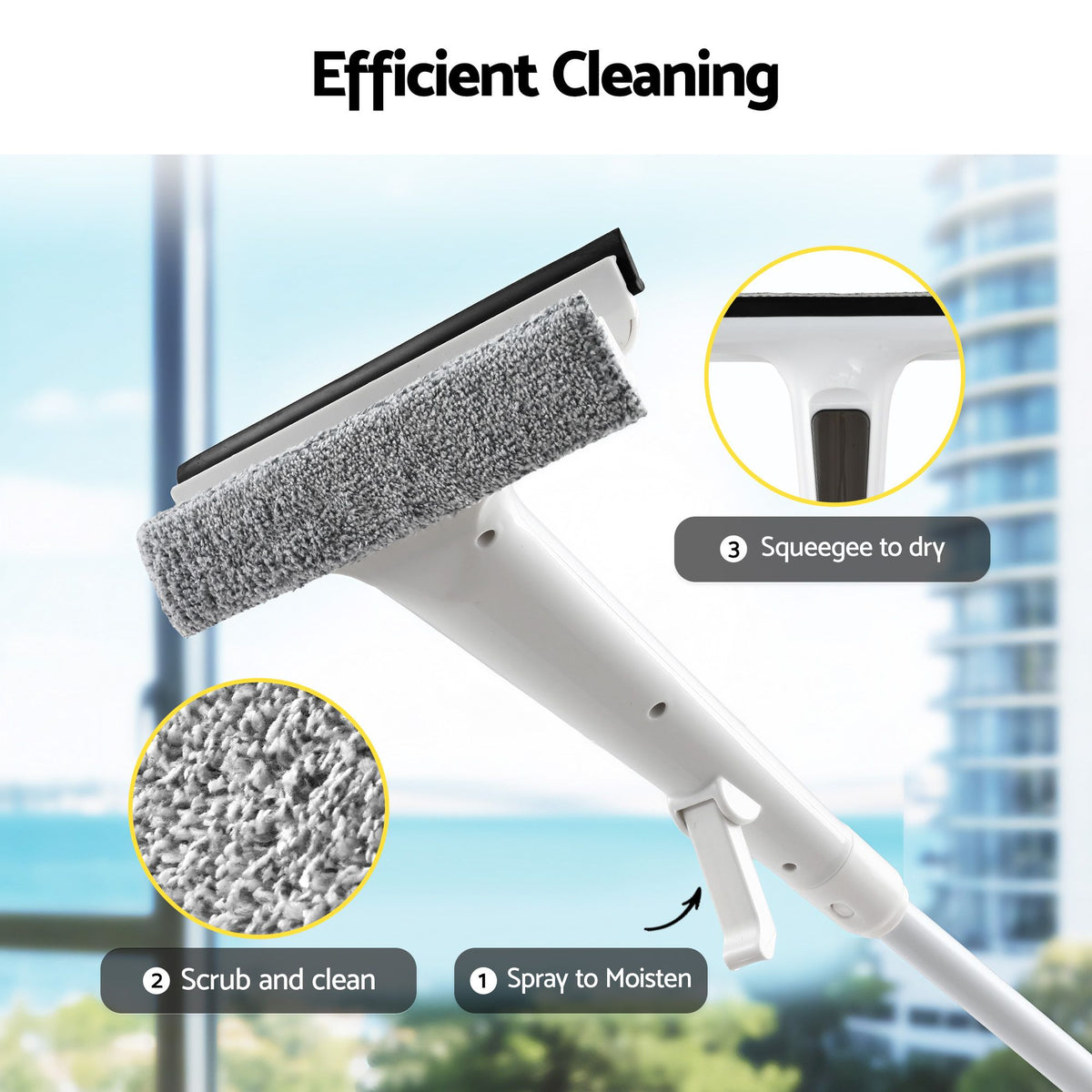 Giantz Window Cleaner Mirror Car, Spray Scrub Squeegee 136cm Extendable Long Handle with Water Tank 3 Microfiber Pads, White