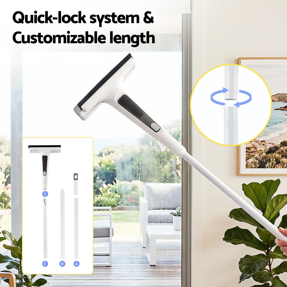 Giantz Window Cleaner Mirror Car, Spray Scrub Squeegee 136cm Extendable Long Handle with Water Tank 3 Microfiber Pads, White