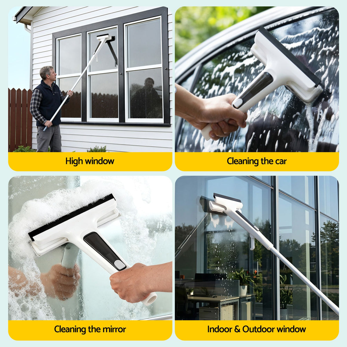 Giantz Window Cleaner Mirror Car, Spray Scrub Squeegee 136cm Extendable Long Handle with Water Tank 3 Microfiber Pads, White