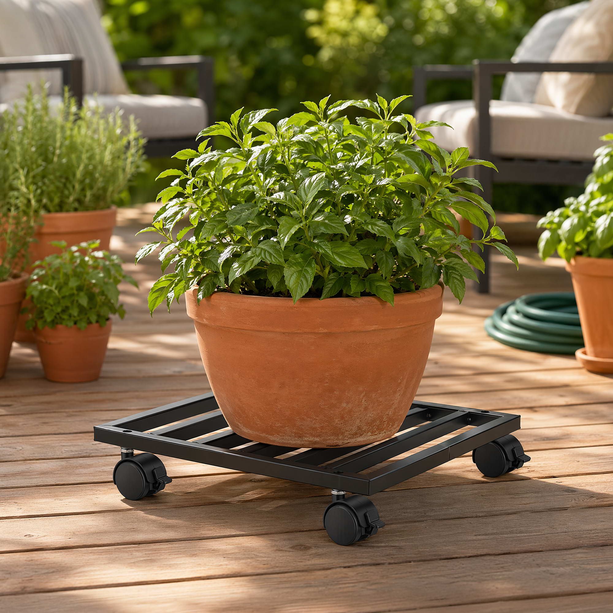 GreenFingers 3pcs Plant Pot Trolleys 32cmGalv Steel Lockable Wheels PlanterBlack
