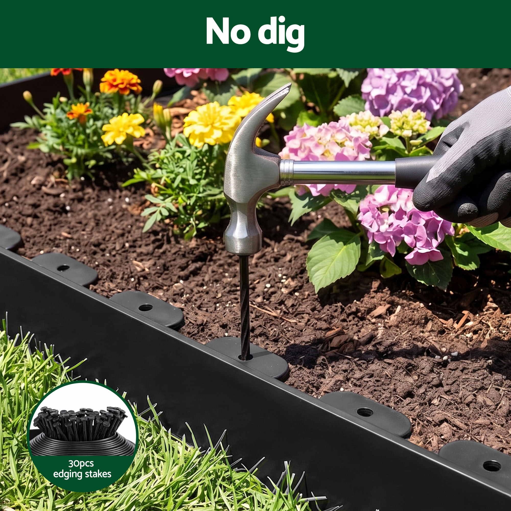 Green Fingers 33ft Garden Edging 30pcs Flexible Plastic Lawn Border Black