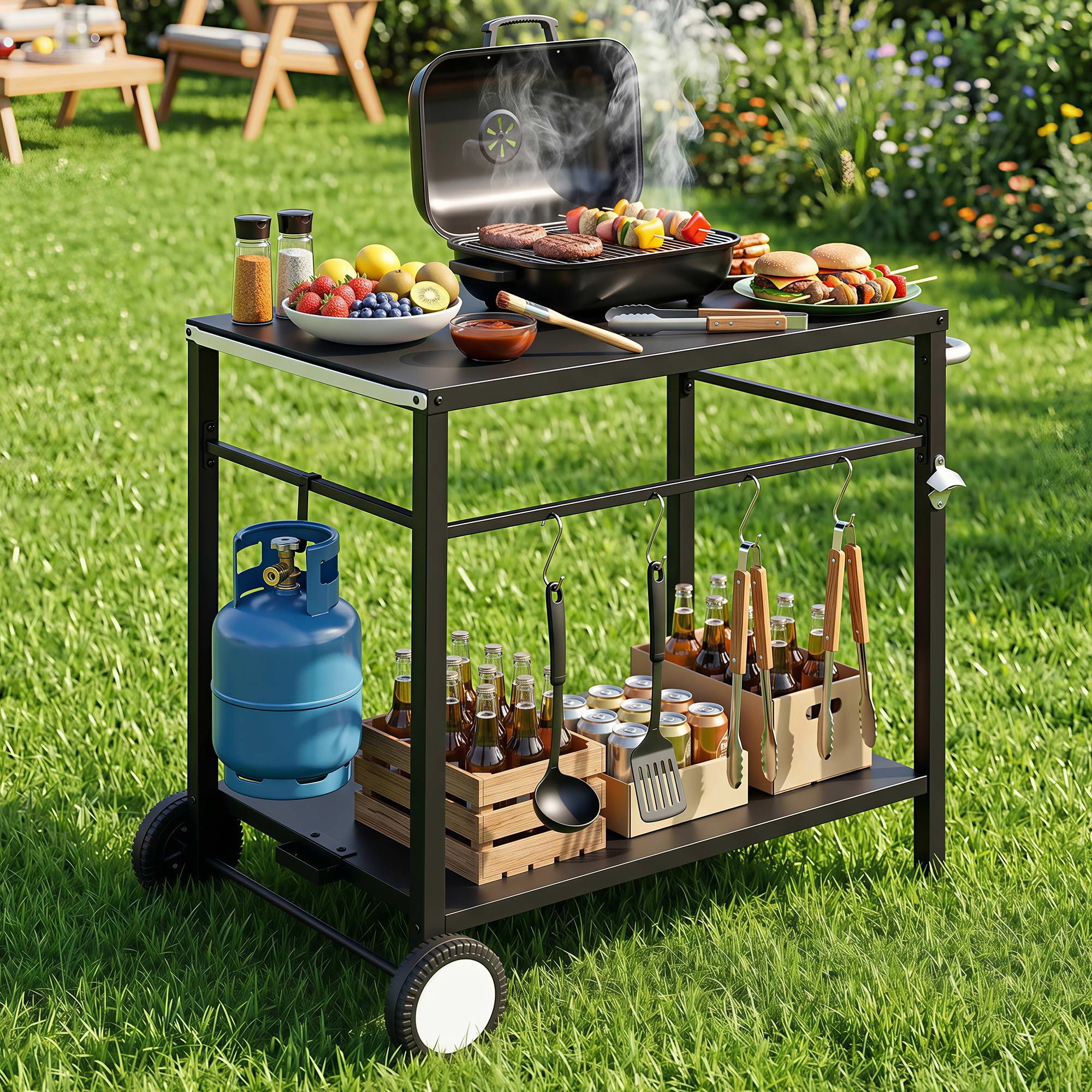 Weisshorn BBQ Part Outdoor StainlessSteel Mobil Trolly Black Wheels Tank Holder