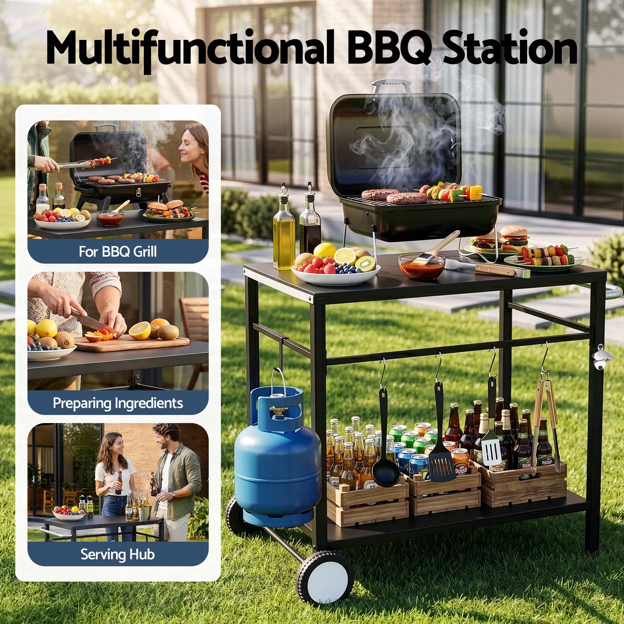 Weisshorn BBQ Part Outdoor StainlessSteel Mobil Trolly Black Wheels Tank Holder