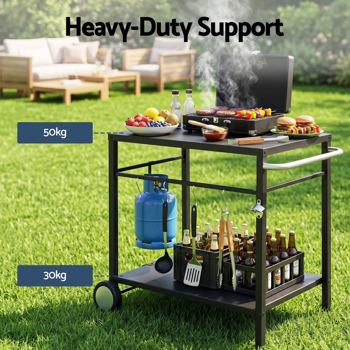 Weisshorn BBQ Part Outdoor StainlessSteel Mobil Trolly Black Wheels Tank Holder