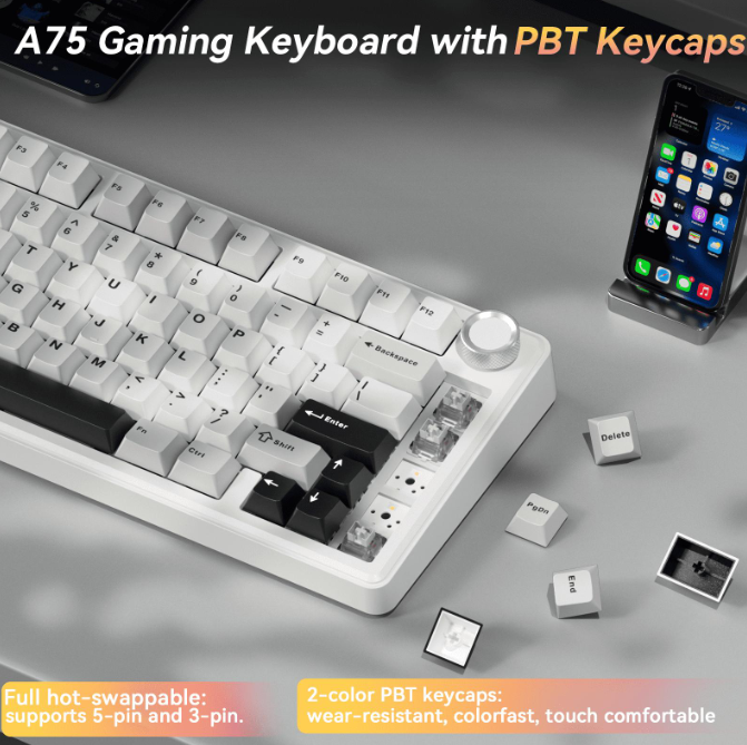 SOLAKAKA A75 75% Gasket Mechanical Keyboard Tri-Mode Hot-Swap Knob Black