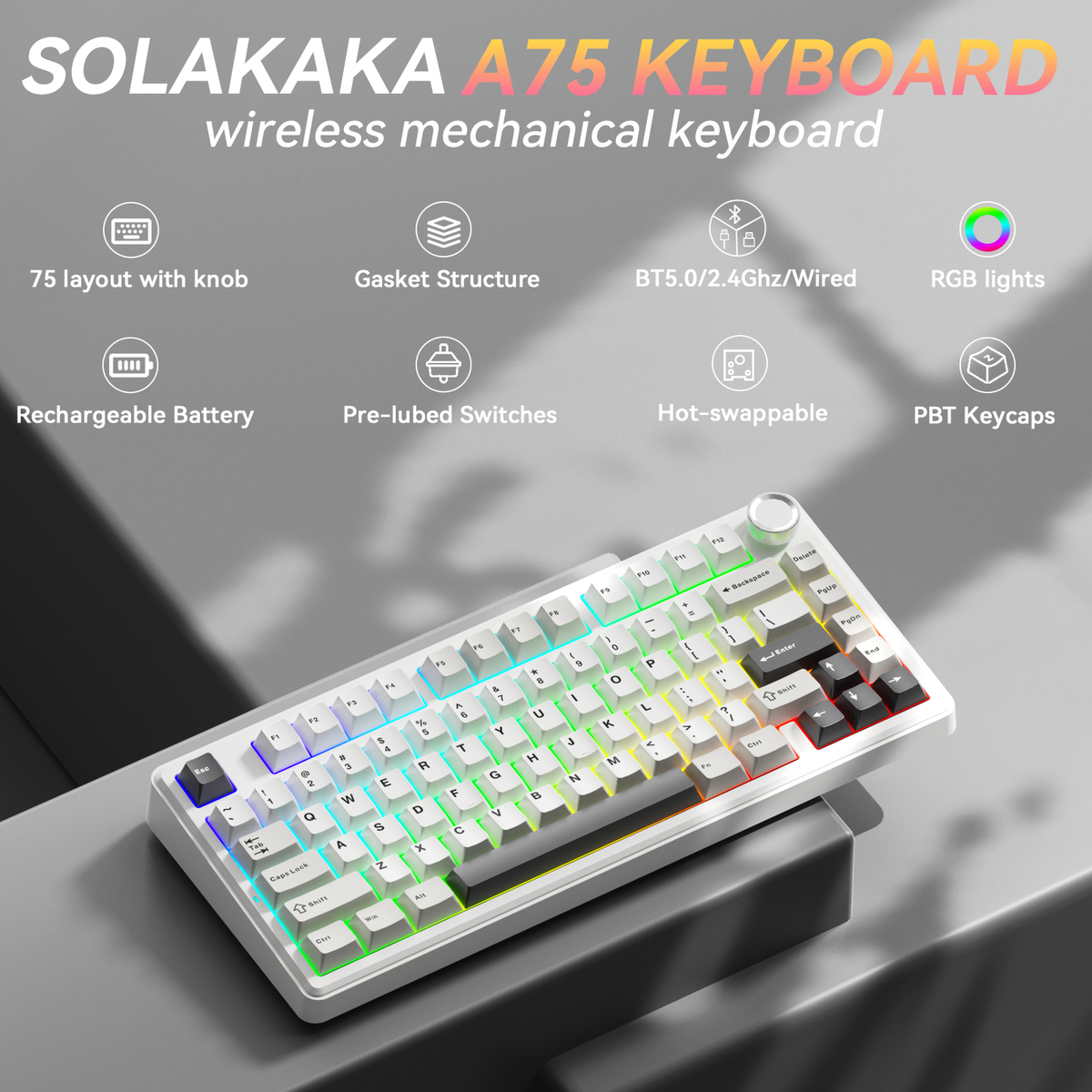 SOLAKAKA A75 75% Gasket Mechanical Keyboard Tri-Mode Hot-Swap Knob Black
