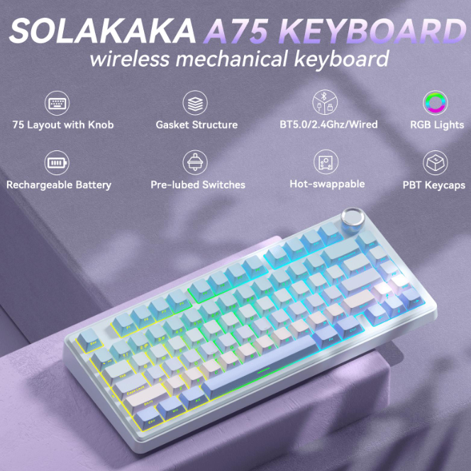 SOLAKAKA A75 75% Gasket Mechanical Keyboard Tri-Mode Hot-Swap Knob Blue