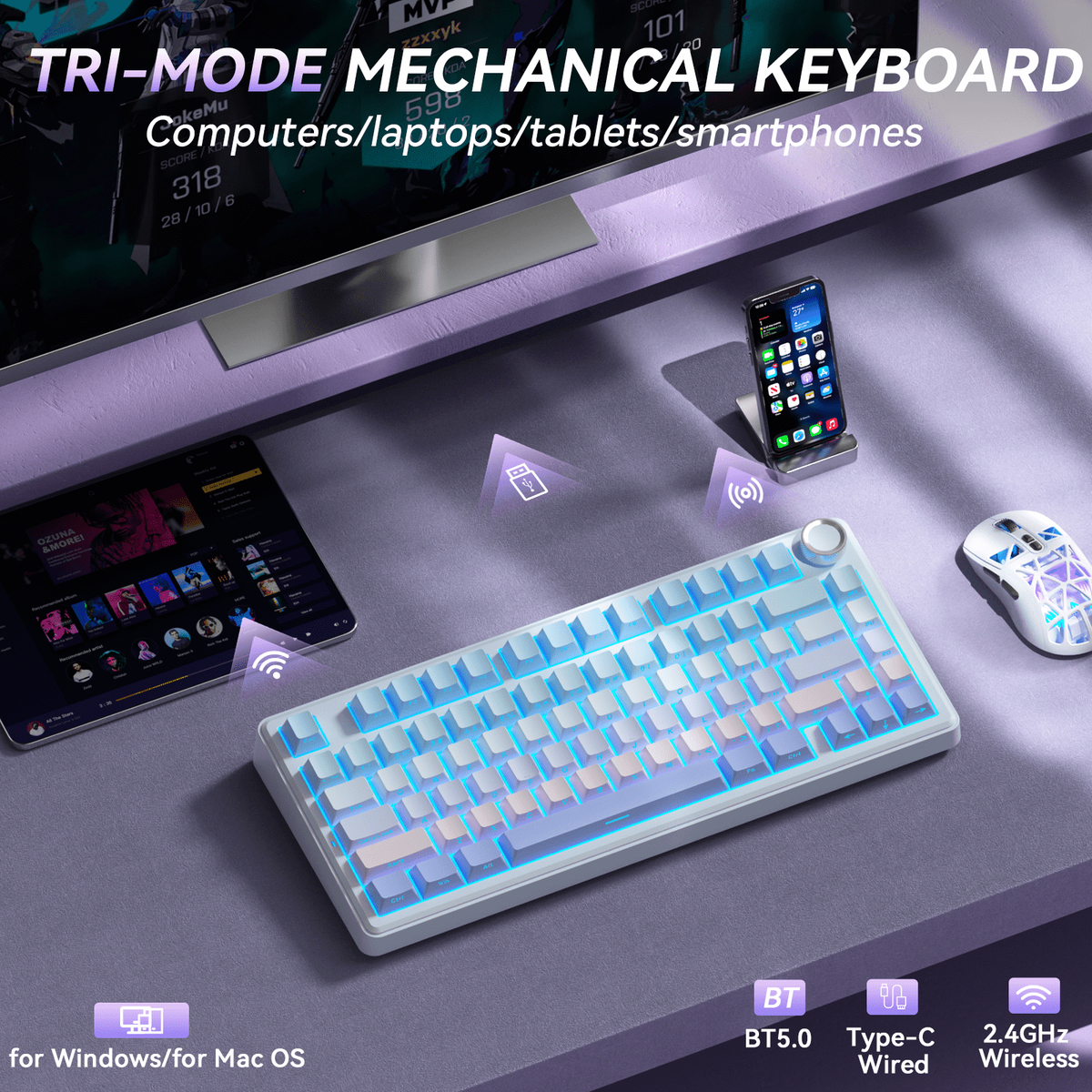 SOLAKAKA A75 75% Gasket Mechanical Keyboard Tri-Mode Hot-Swap Knob Blue