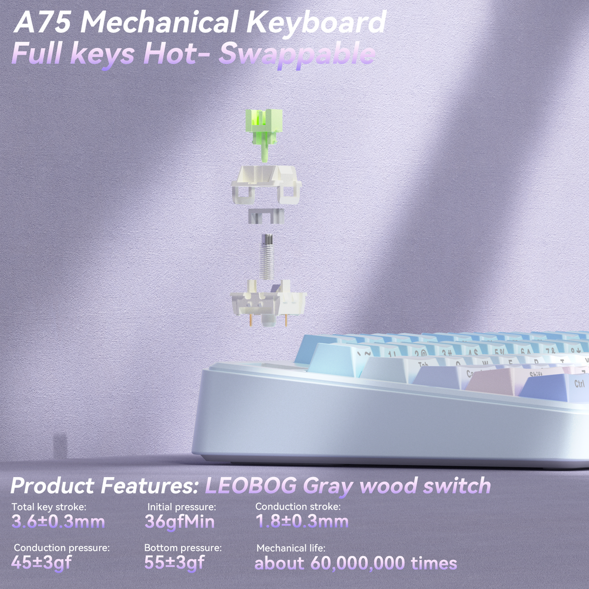 SOLAKAKA A75 75% Gasket Mechanical Keyboard Tri-Mode Hot-Swap Knob Blue