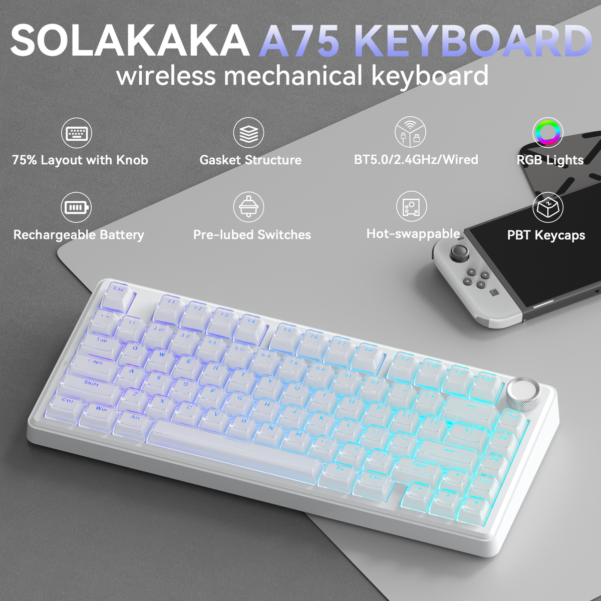 SOLAKAKA A75 75% Gasket Mechanical Keyboard Tri-Mode Hot-Swap Knob White