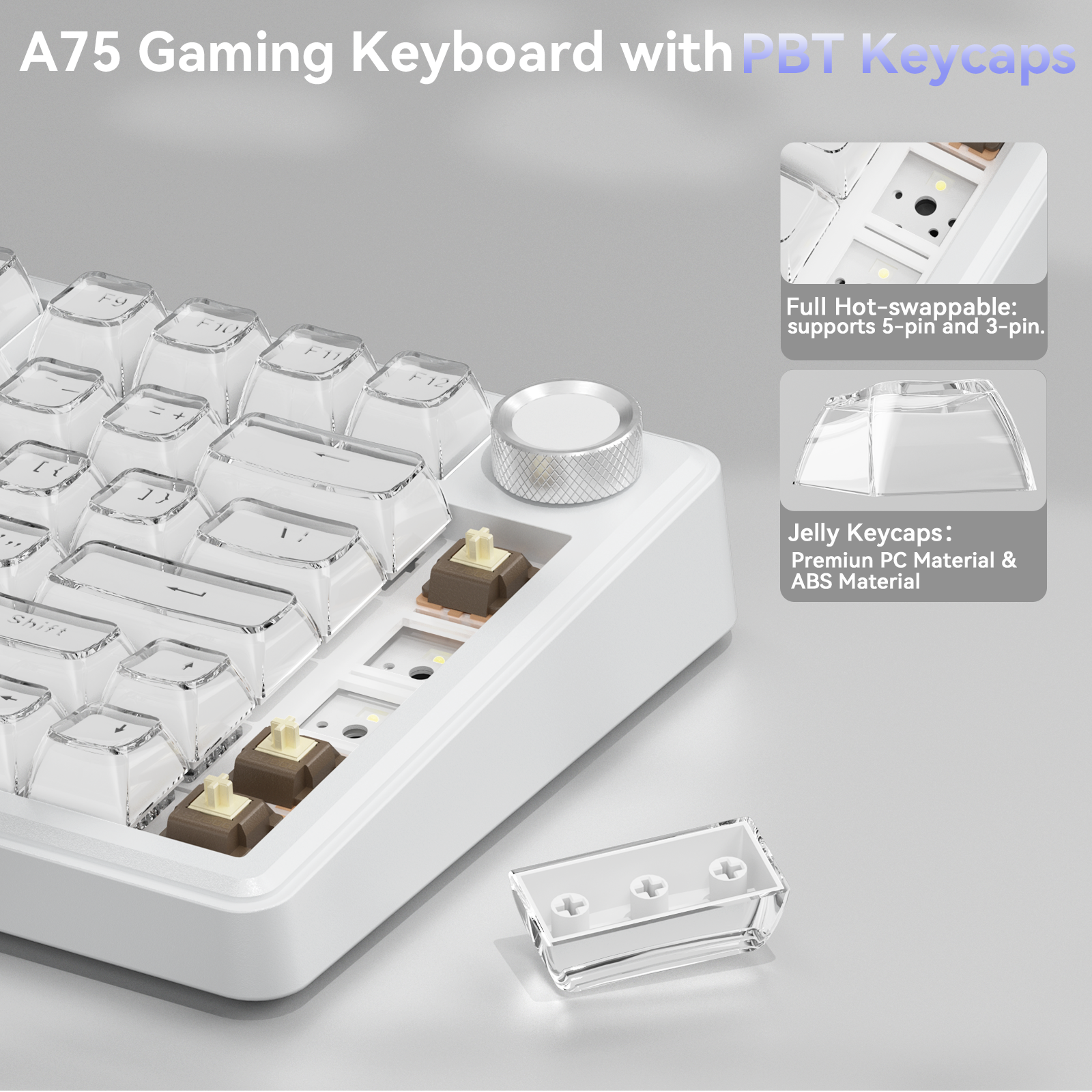 SOLAKAKA A75 75% Gasket Mechanical Keyboard Tri-Mode Hot-Swap Knob White